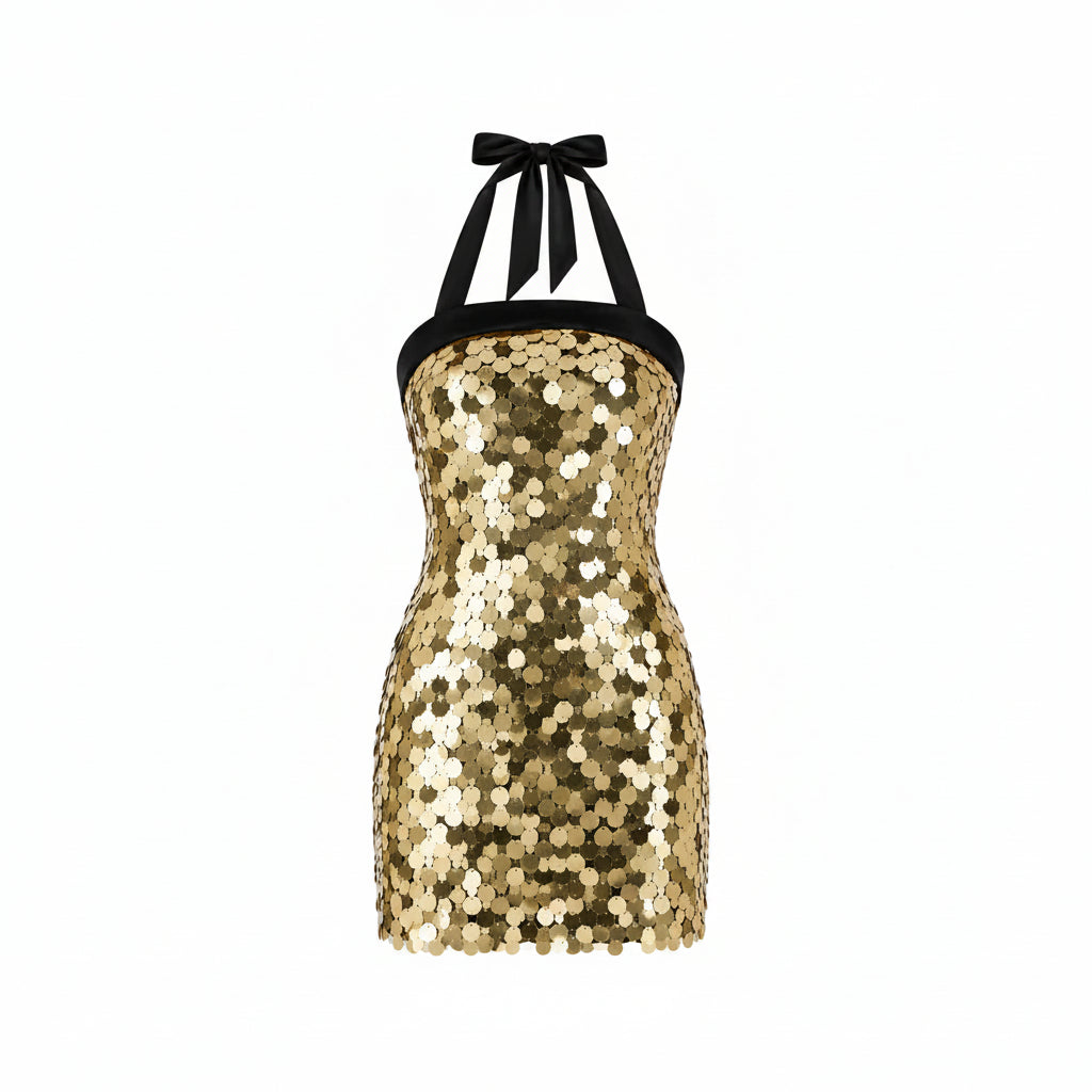 Abito Mini Elegante Oro con Paillettes, Scollo Halter e Vestibilità Aderente