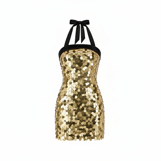 Abito Mini Elegante Oro con Paillettes, Scollo Halter e Vestibilità Aderente