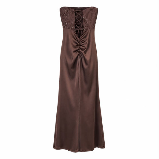 Abito Lungo Satinato Marrone con Paillettes e Perline