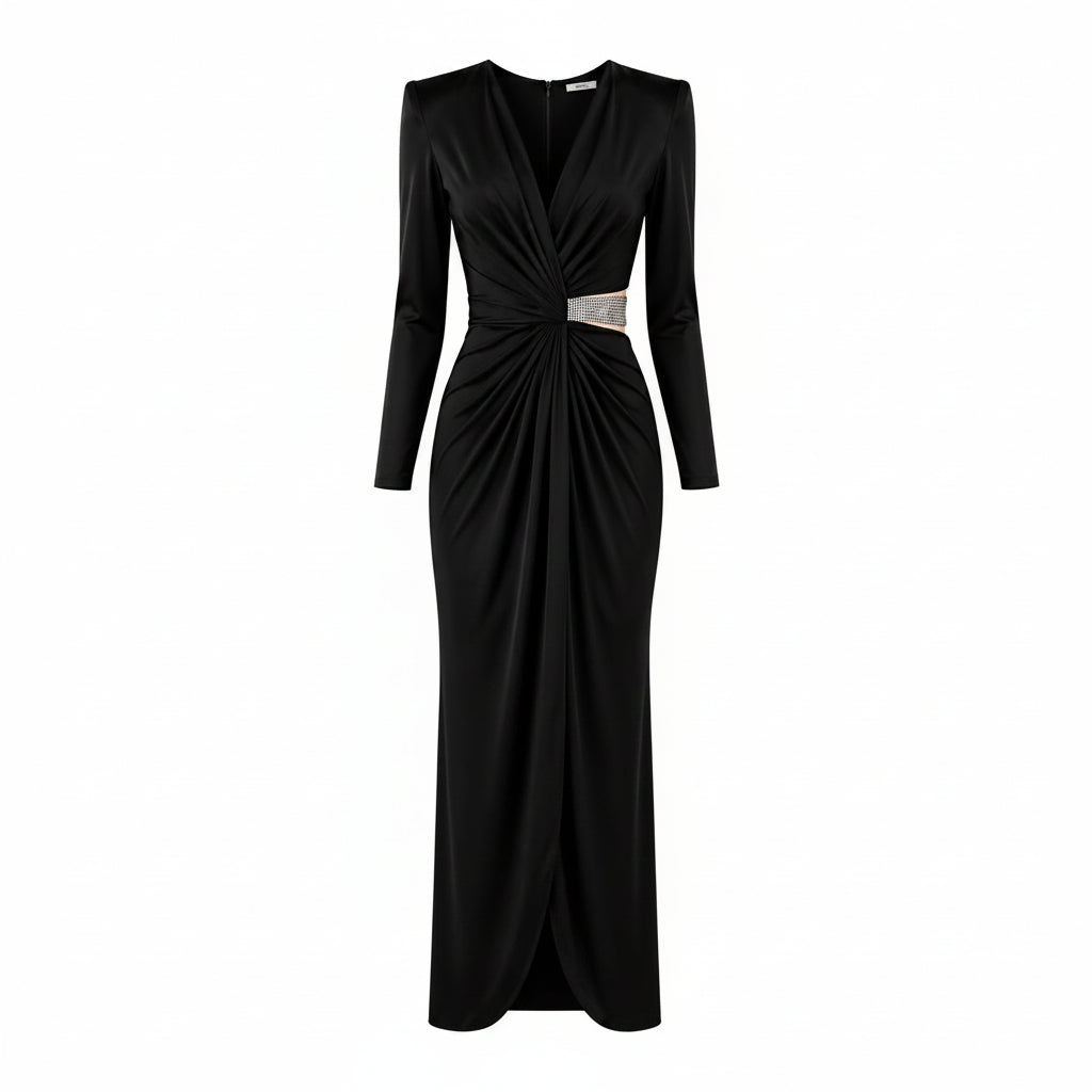 Abito Lungo Nero da Donna Elegante con Maniche Lunghe