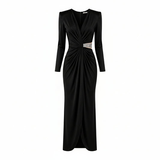 Abito Lungo Nero da Donna Elegante con Maniche Lunghe