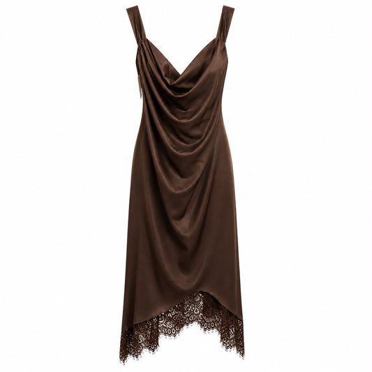 Abito Midi Marrone Drappeggiato con Pizzo