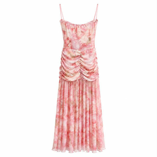 Abito Midi Bustier a Fiori con Drappeggio e Gonna Asimmetrica