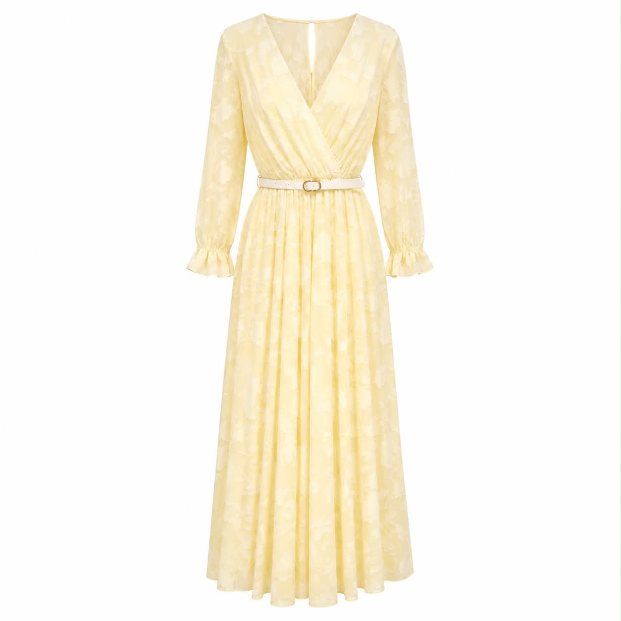 Abito Midi Plissettato in Chiffon Jacquard con Cintura – Giallo Pastello