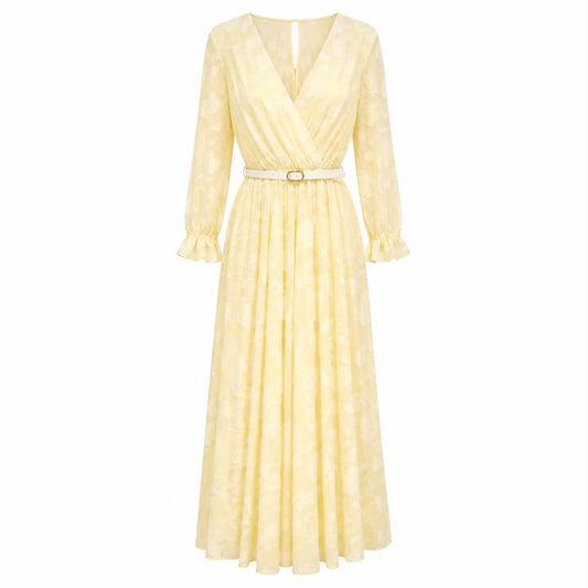 Abito Midi Plissettato in Chiffon Jacquard con Cintura – Giallo Pastello