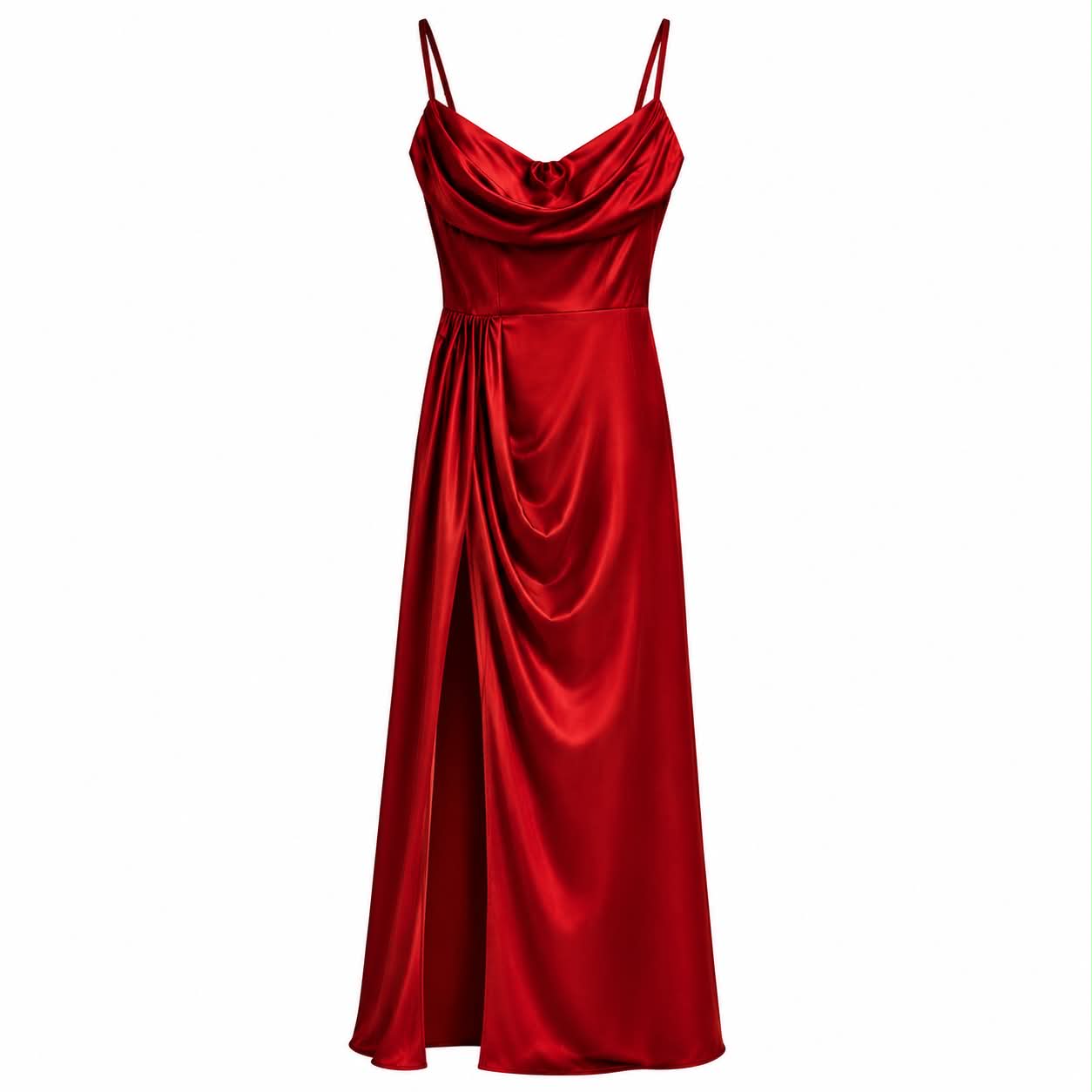 Abito Lungo in Satin Rosso con Scollo a Cappuccio