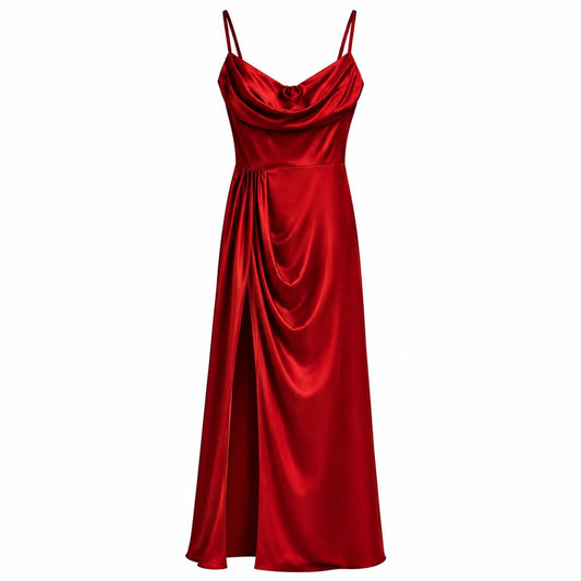 Abito Lungo in Satin Rosso con Scollo a Cappuccio